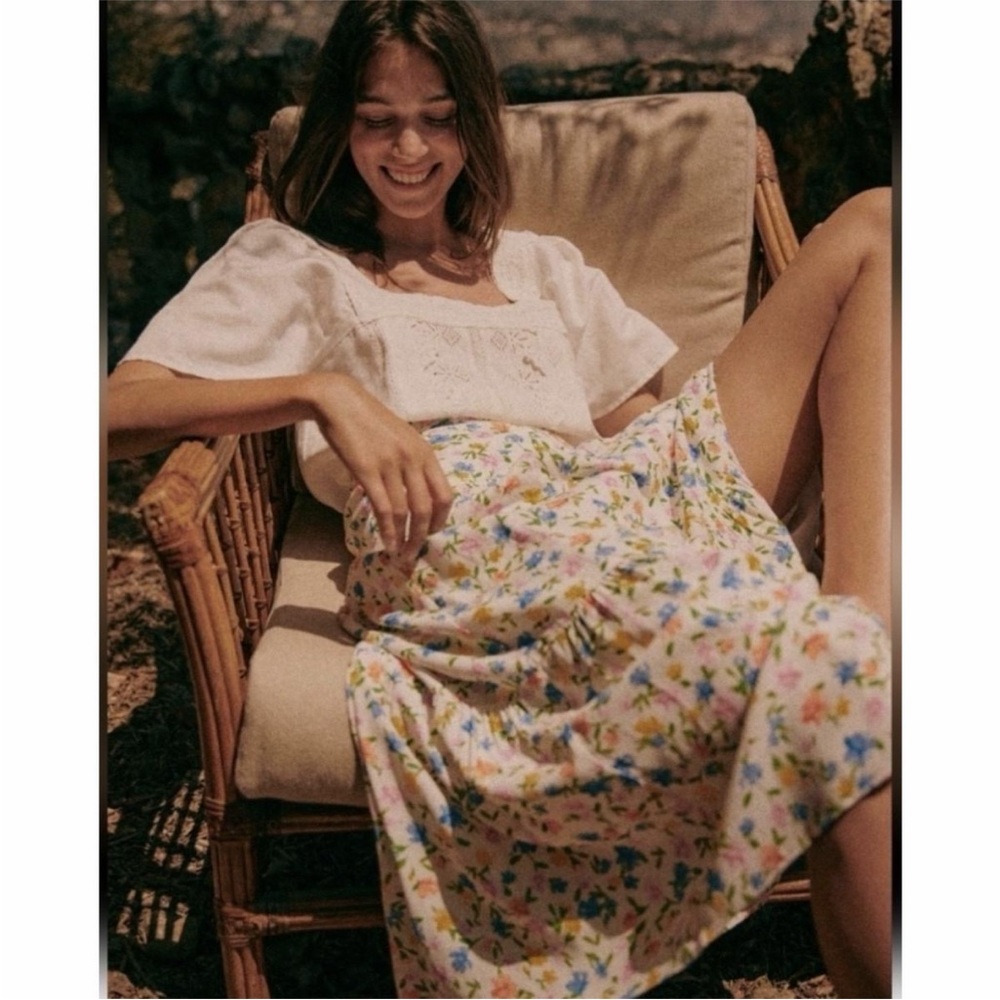 Sezane Tammie Maxi Skirt Floral Mini Fleur Pastel White Blue Size Small Fr 36